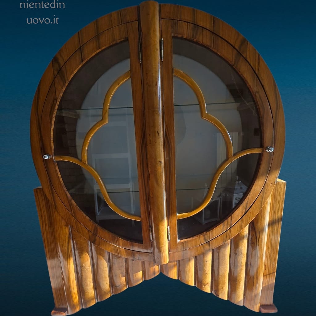 9001356_811 vetrina a due ante tonda déco in legno e vetro, stile anni '30 in perfette condizioni