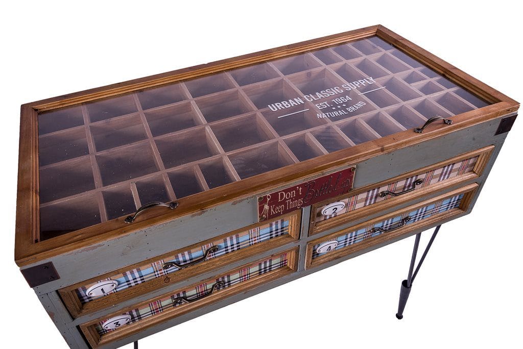 Mobile in stile Vintage a 4 cassetti con bacheca superiore, pezzo unico da esposizione