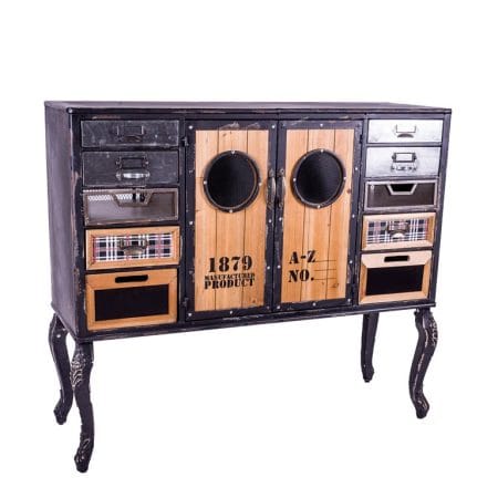 Credenza industrial style in metallo con ante e cassetti, stile vintage