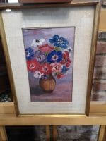 Dipinto a olio con vaso di fiori, firmato