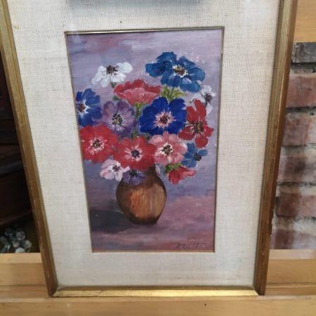 Dipinto a olio con vaso di fiori, firmato