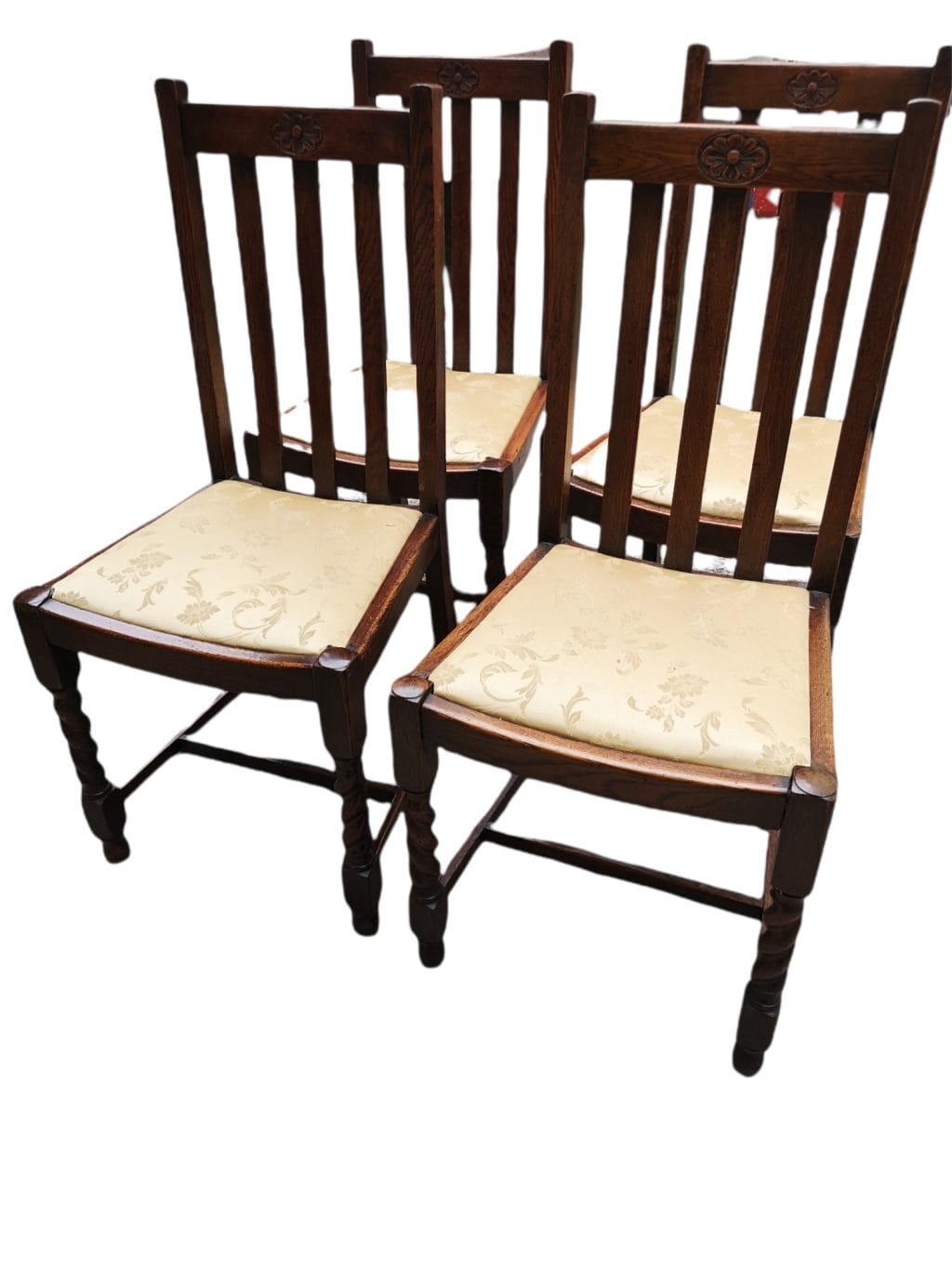 Set di 4 sedie inglesi in rovere massello fine Ottocento, ritappezzate