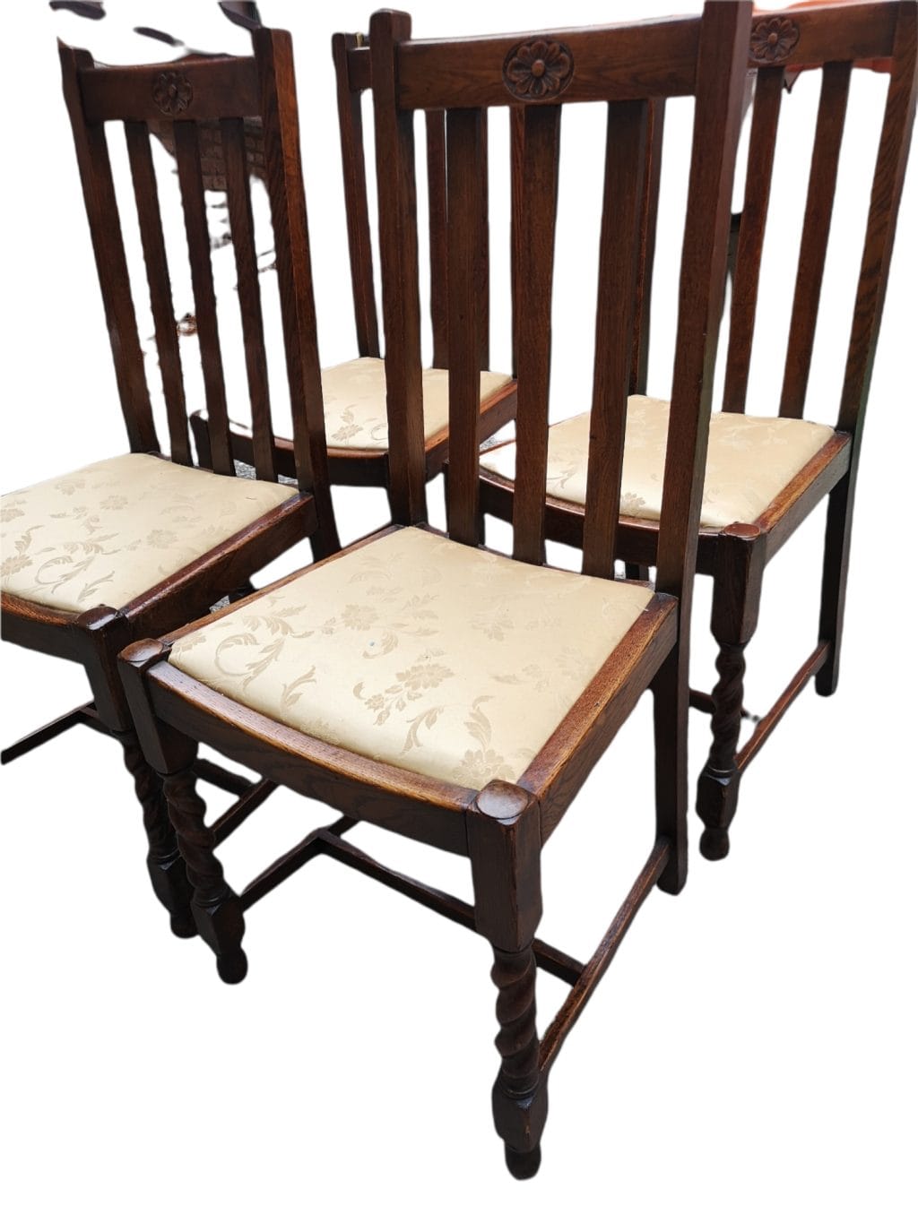 Set di 4 sedie inglesi in rovere massello fine Ottocento, ritappezzate