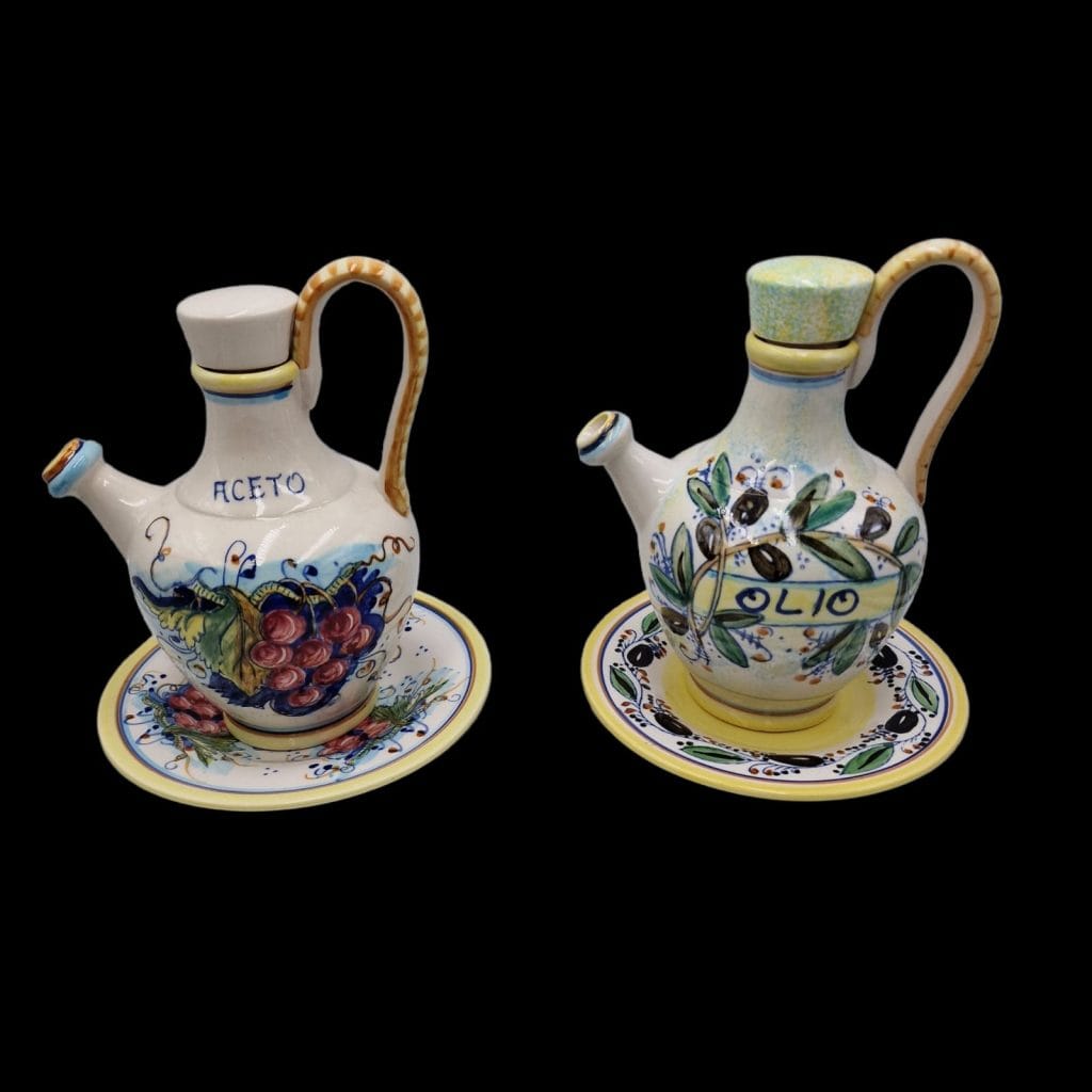 ampolla da condimento in ceramica dipinta con piattino e tappo coordinati