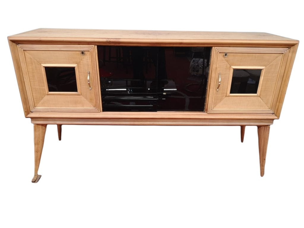 Credenza sideboard stile Ico Parisi in quercia con vano bar e vetro nero