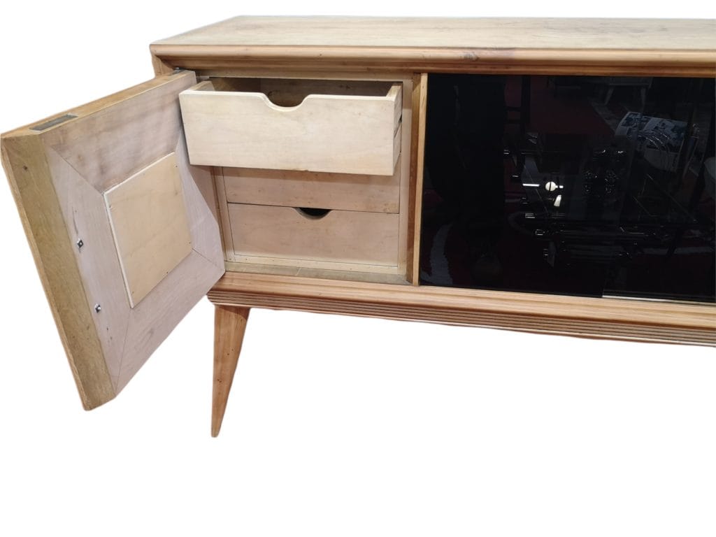 Credenza sideboard stile Ico Parisi in quercia con vano bar e vetro nero