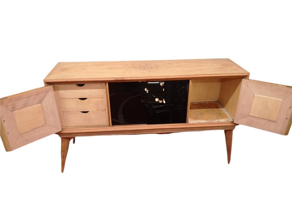 Credenza sideboard stile Ico Parisi in quercia con vano bar e vetro nero