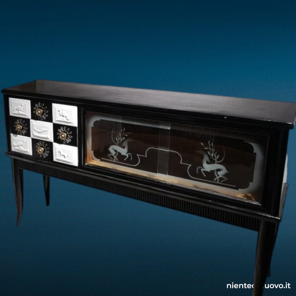 04377 Credenza sideboard midcentury in stile Ulrich con vetri incisi
