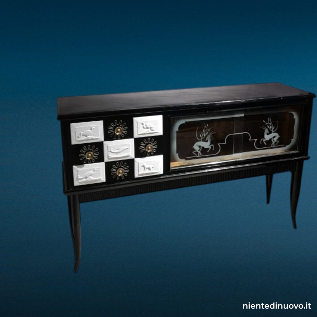 Credenza sideboard midcentury in stile Ulrich con vetri incisi
