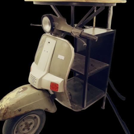 mobiletto tavolino Vespa vintage con ripiani metallici e piano in legno