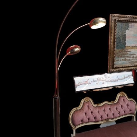Lampada da terra 3 luci in metallo ottonato con base in marmo e luci orientabili, stile Goffredo Reggiani