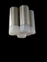 lampadario anni 60 a sospensione tubolare con diffusori in vetro opalino
