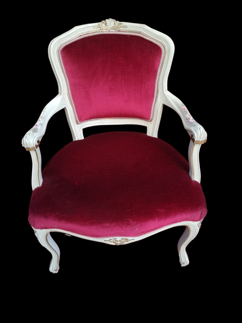 Poltroncina stile veneziano laccata con velluto rosso e braccioli
