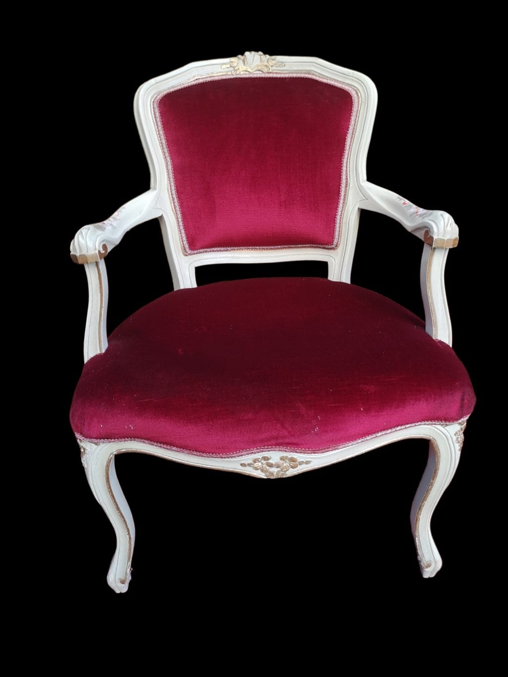 Poltroncina stile veneziano laccata con velluto rosso e braccioli