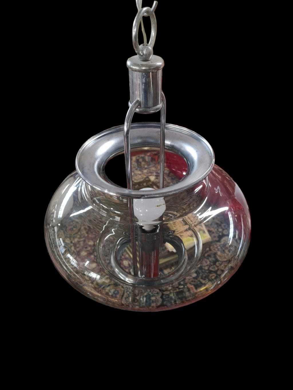 Lampadario sospensione anni '70 in vetro e acciaio cromato originale vintage