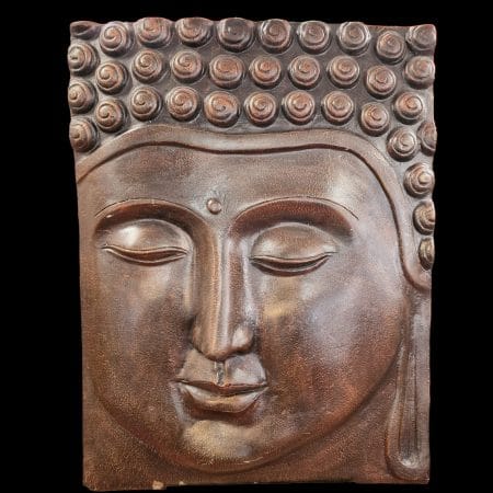 pannello Buddha in rilievo color bronzo con struttura in ferro