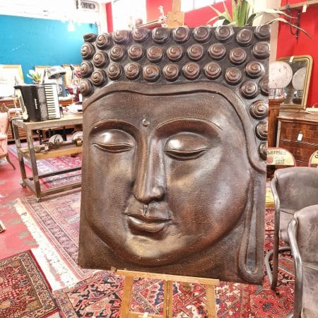 pannello Buddha in rilievo color bronzo con struttura in ferro