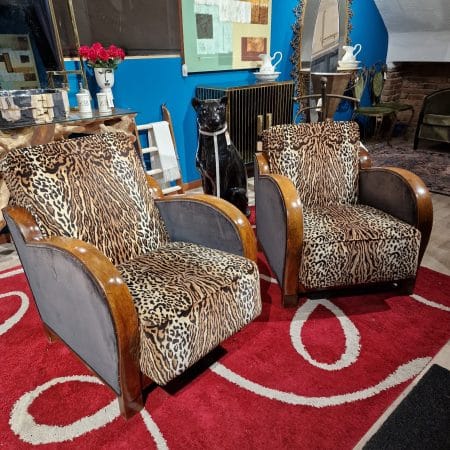 Coppia di poltrone anni '30 con rivestimento leopardato in stile Art Deco