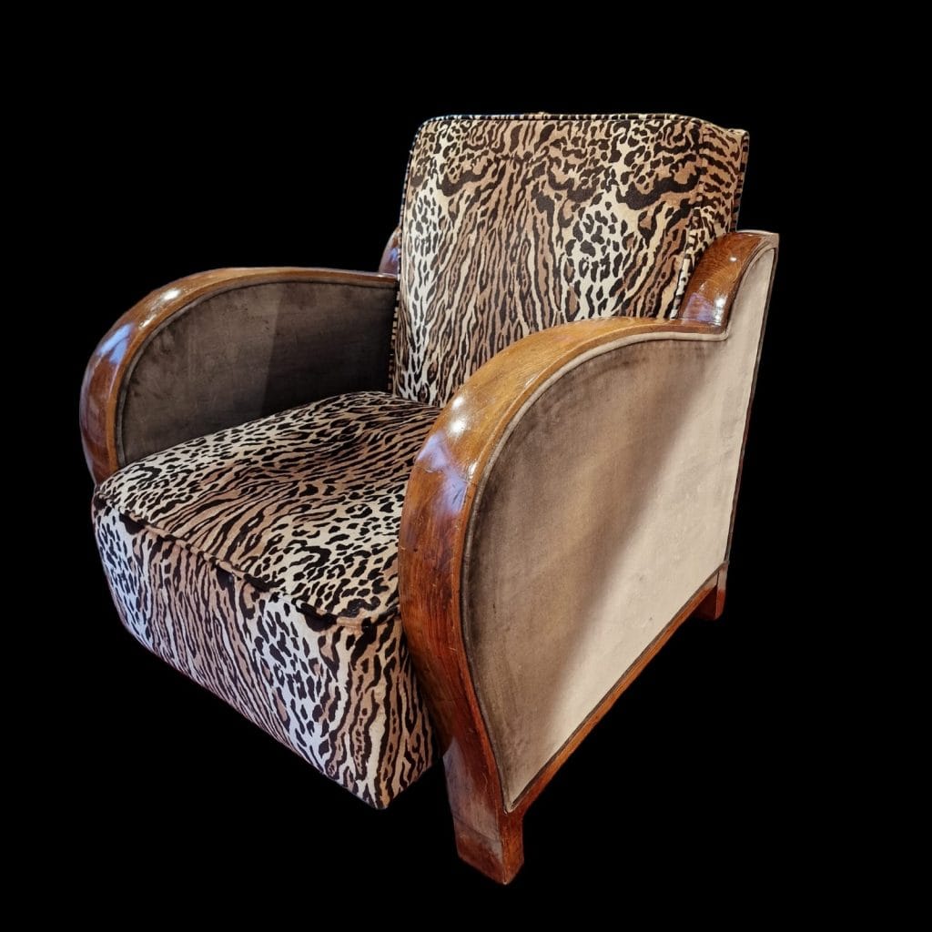 Coppia di poltrone anni '30 con rivestimento leopardato in stile Art Deco