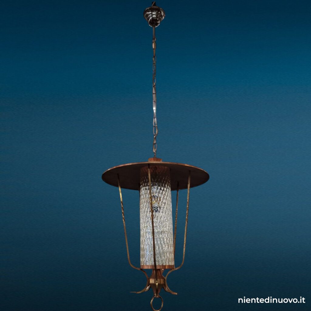 Lampadario a lanterna in ottone e rame, una luce