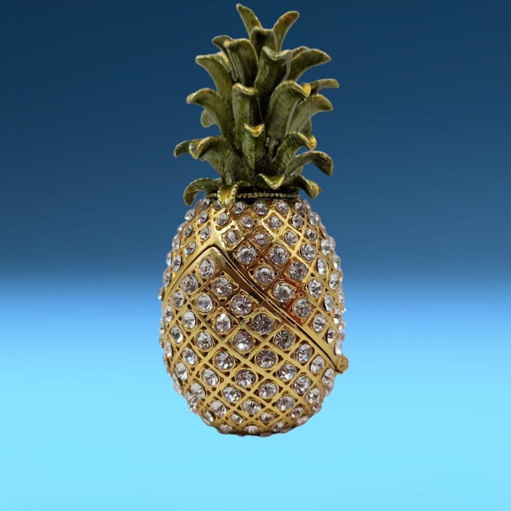 Ananas portagioie in metallo dorato con brillantini e scatola