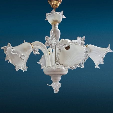 Lampadario veneziano di Murano a 6 luci con decoro floreale in vetro satinato