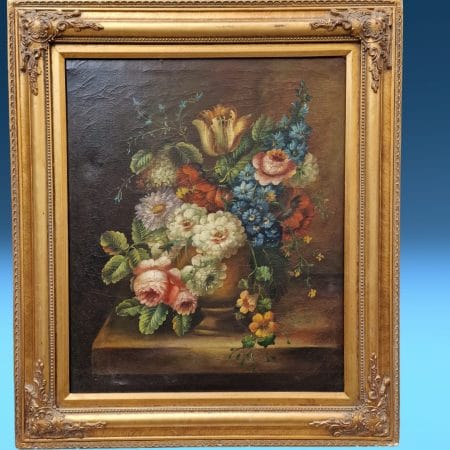 Dipinto a olio su tela con fiori e cornice ornamentale
