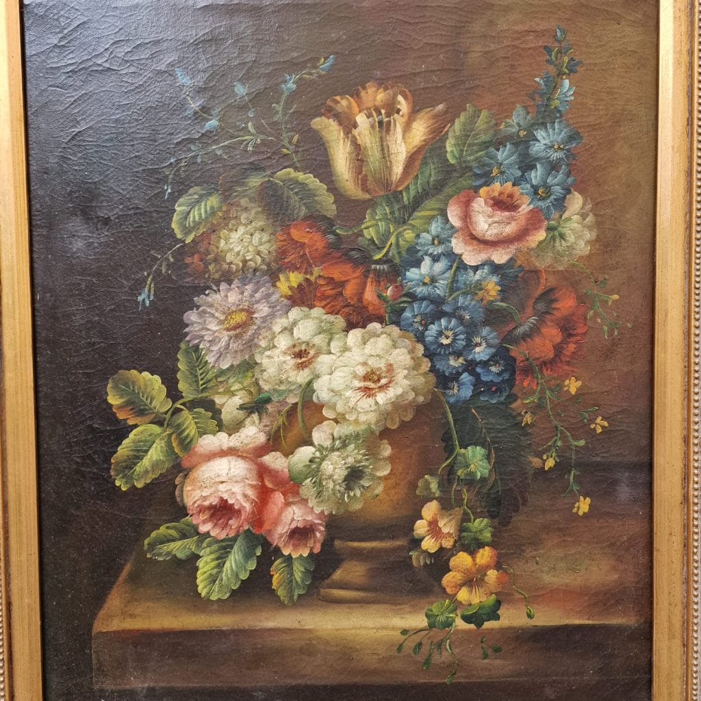 Dipinto a olio su tela con fiori e cornice ornamentale