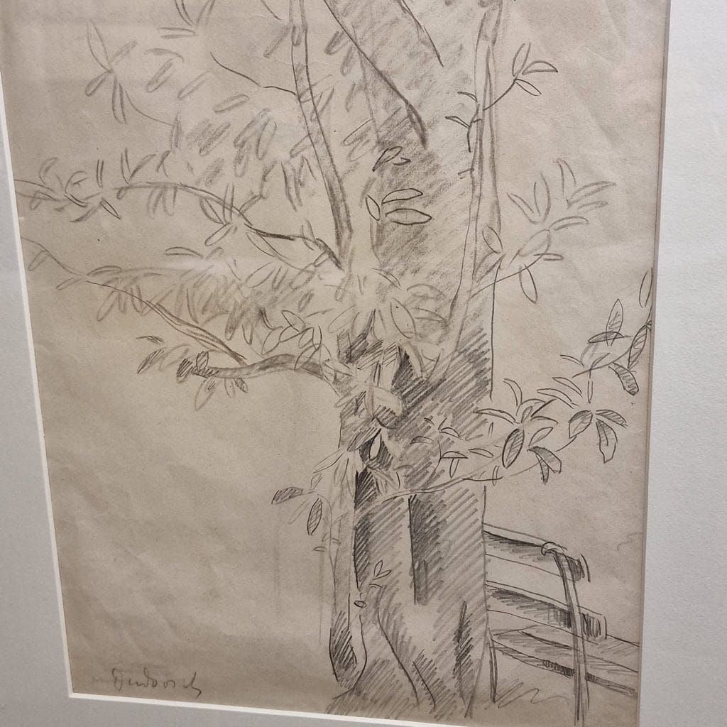 Disegno a matita originale “Studio albero e panca” di Marcello Dudovich, firmato e certificato