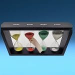set di clessidre in vetro con sabbia colorata e struttura in legno