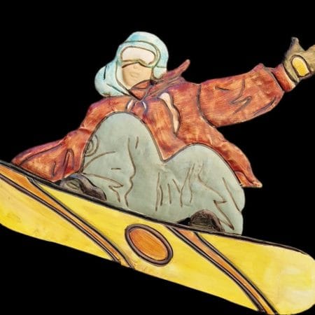 Pannello da parete in metallo Snowboard con snowboarder in azione, decorazione dinamica in latta.