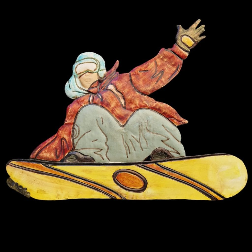 Pannello da parete in metallo Snowboard con snowboarder in azione, decorazione dinamica in latta.