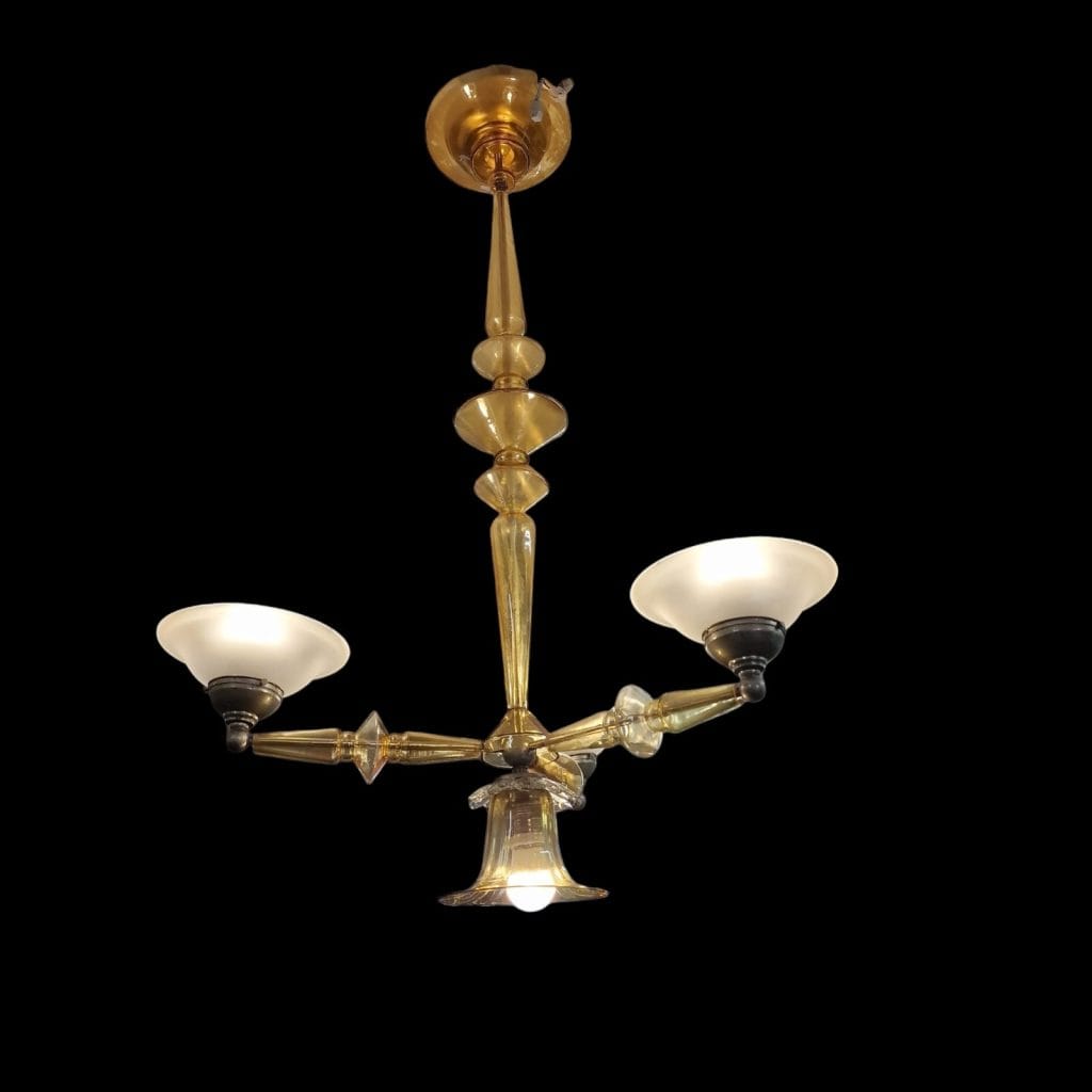 Lampadario veneziano in vetro anni ’40 con bracci gialli soffiati e 4 luci