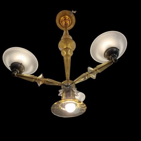 Lampadario veneziano in vetro anni ’40 con bracci gialli soffiati e 4 luci