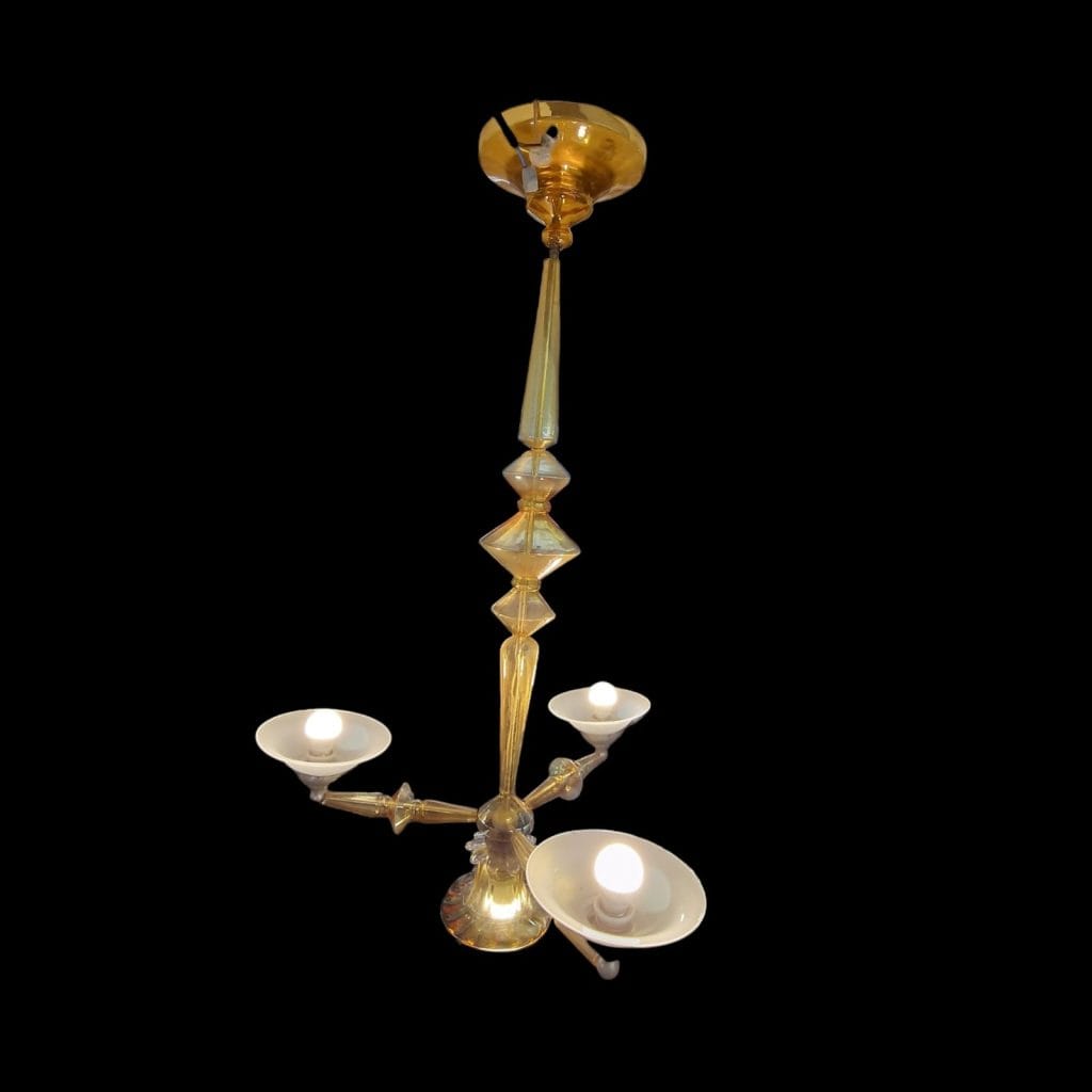 Lampadario veneziano in vetro anni ’40 con bracci gialli soffiati e 4 luci