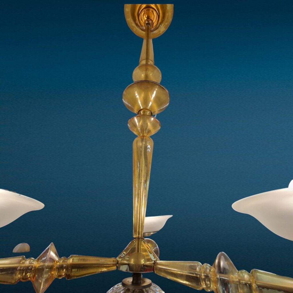 Lampadario veneziano in vetro anni ’40 con bracci gialli soffiati e 4 luci