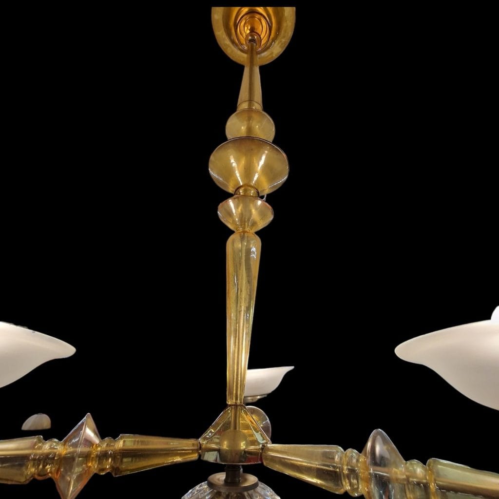 Lampadario veneziano in vetro anni ’40 con bracci gialli soffiati e 4 luci