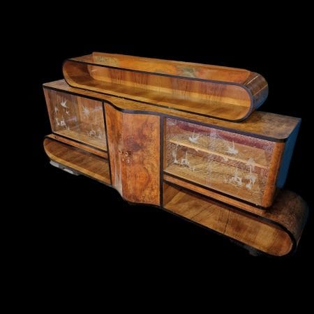Credenza Art déco anni '30 in legno laccato con mobile bar a specchio illuminato