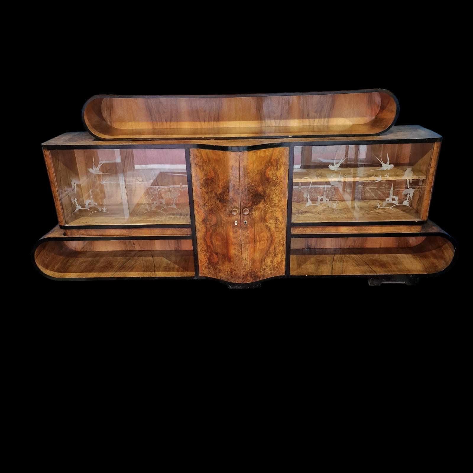 Credenza Art déco anni '30 in legno laccato con mobile bar a specchio illuminato
