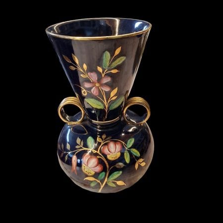 Vaso in ceramica anni 50 blu cobalto con decori floreali in oro zecchino