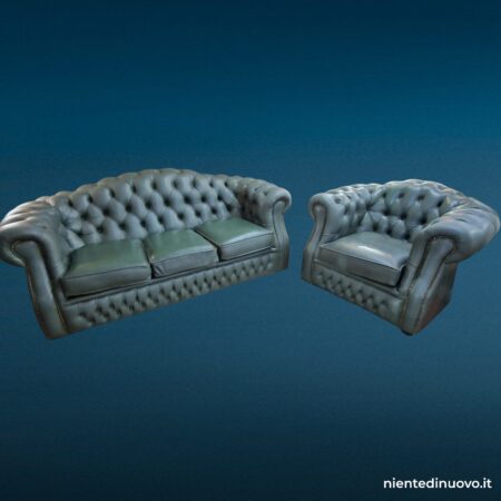 Set divano Chesterfield 3 posti e poltrona in pelle salvia