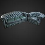 Set divano Chesterfield con poltrona in pelle color salvia