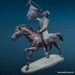 9002458 Scultura Cavallo in bronzo lunga due metri con soldato a cavallo