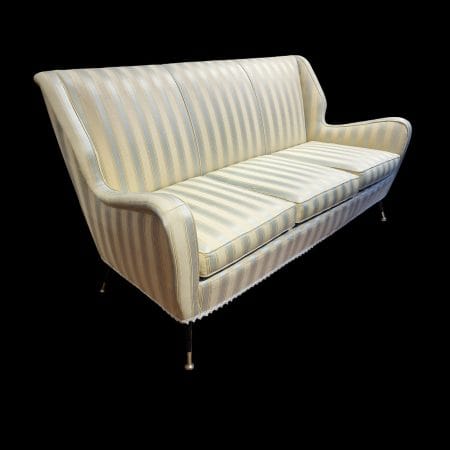 Divano vintage midcentury con piedini in ottone e tessuto originale