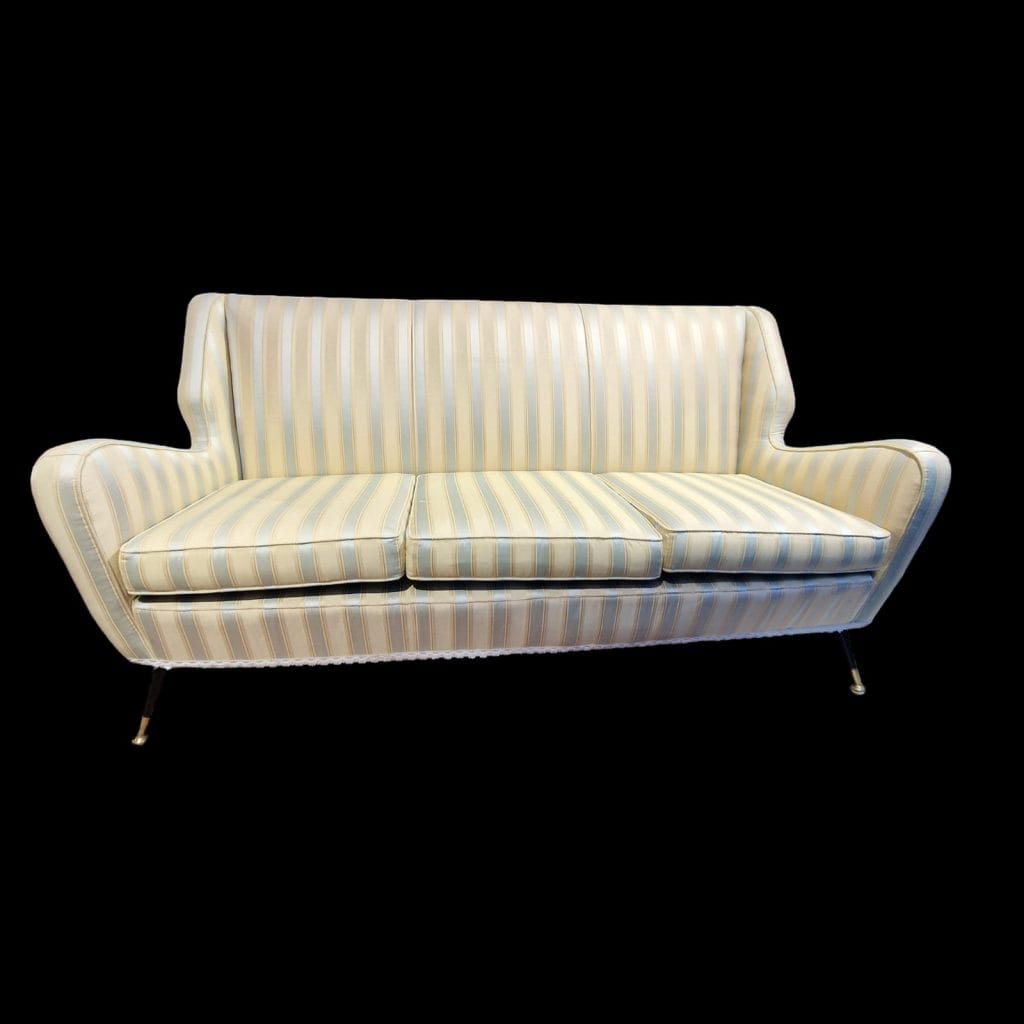 Divano vintage midcentury con piedini in ottone e tessuto originale