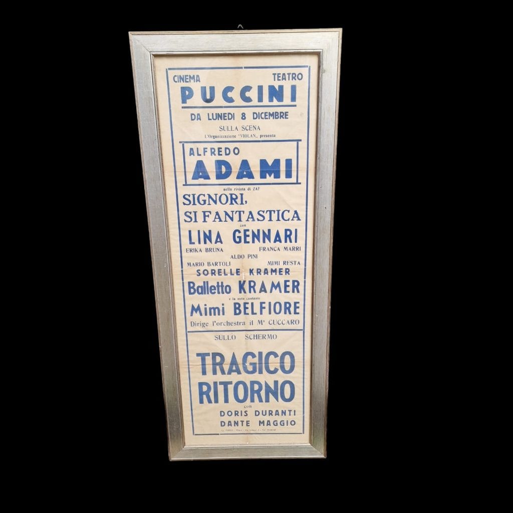 Vecchia locandina incorniciata originale del Cinema Teatro Puccini, epoca fascista