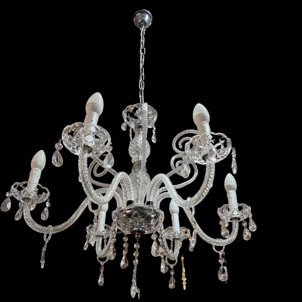 Lampadario cristallo a sei luci veneziano con pendagli a goccia e pastorali