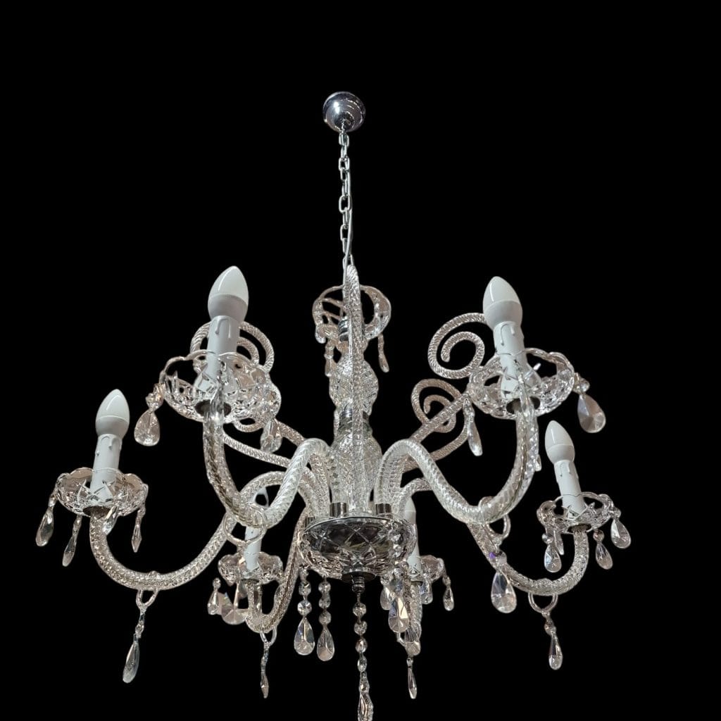 Lampadario cristallo a sei luci veneziano con pendagli a goccia e pastorali