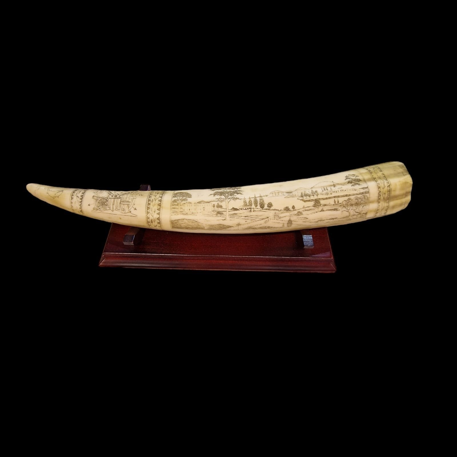 Replica decorativa incisa a mano di zanna di tricheco scrimshaw con base in legno