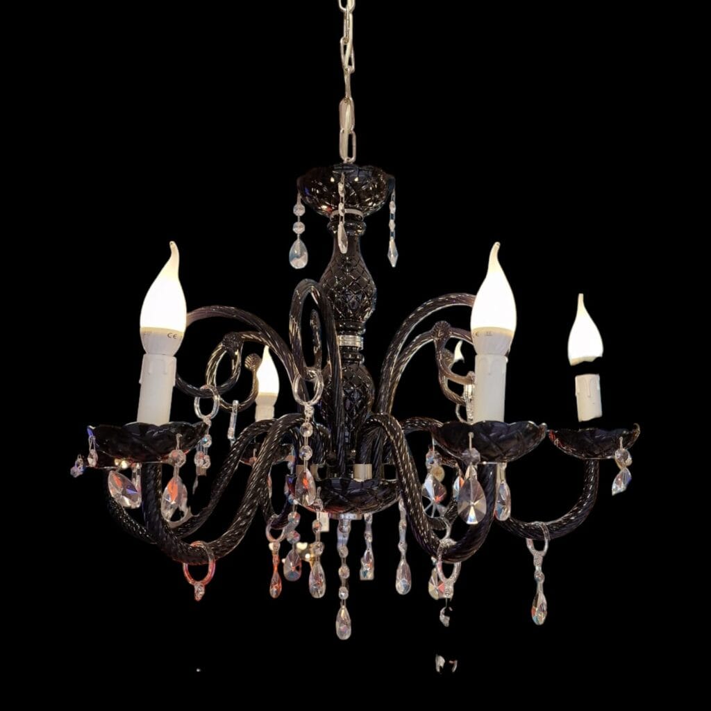 Lampadario 6 luci in vetro nero con pendagli in vetro chiaro sfaccettato
